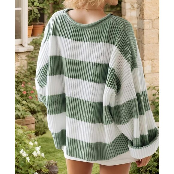 Women's White Green Pullover Drop Shoulder Long Sleeve Retro Stripe Fall Sweater - Picture 4 of 4